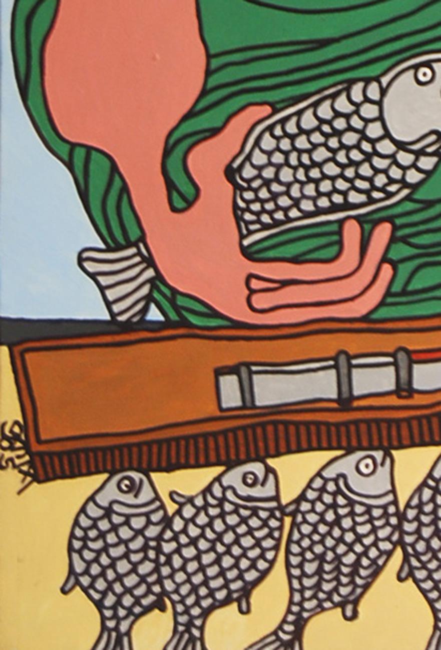 Fish Seller, Acrylic on Canvas, Green, Brown by Modern Indian Artist 