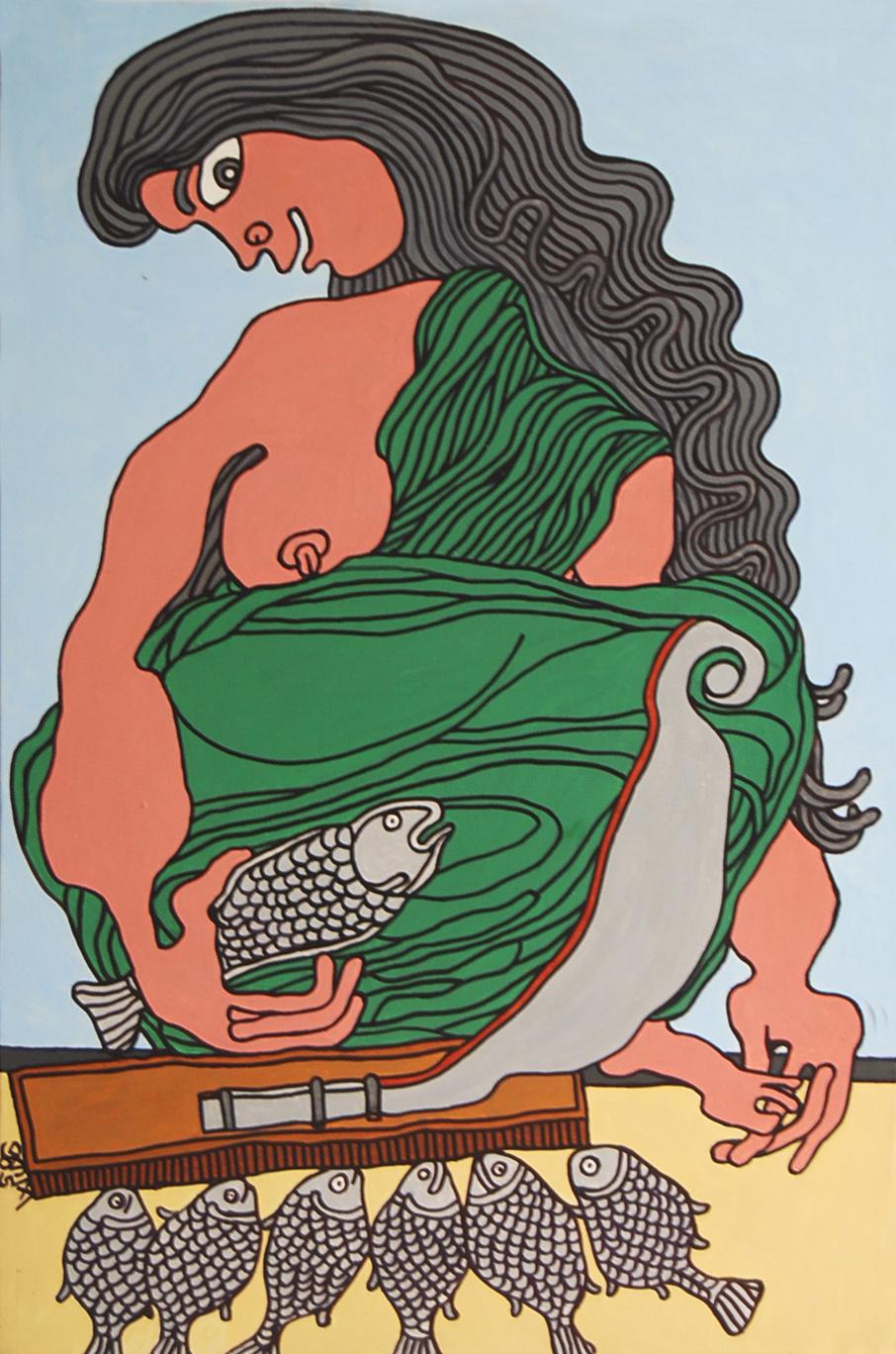 Fish Seller, Acrylic on Canvas, Green, Brown by Modern Indian Artist "In Stock"