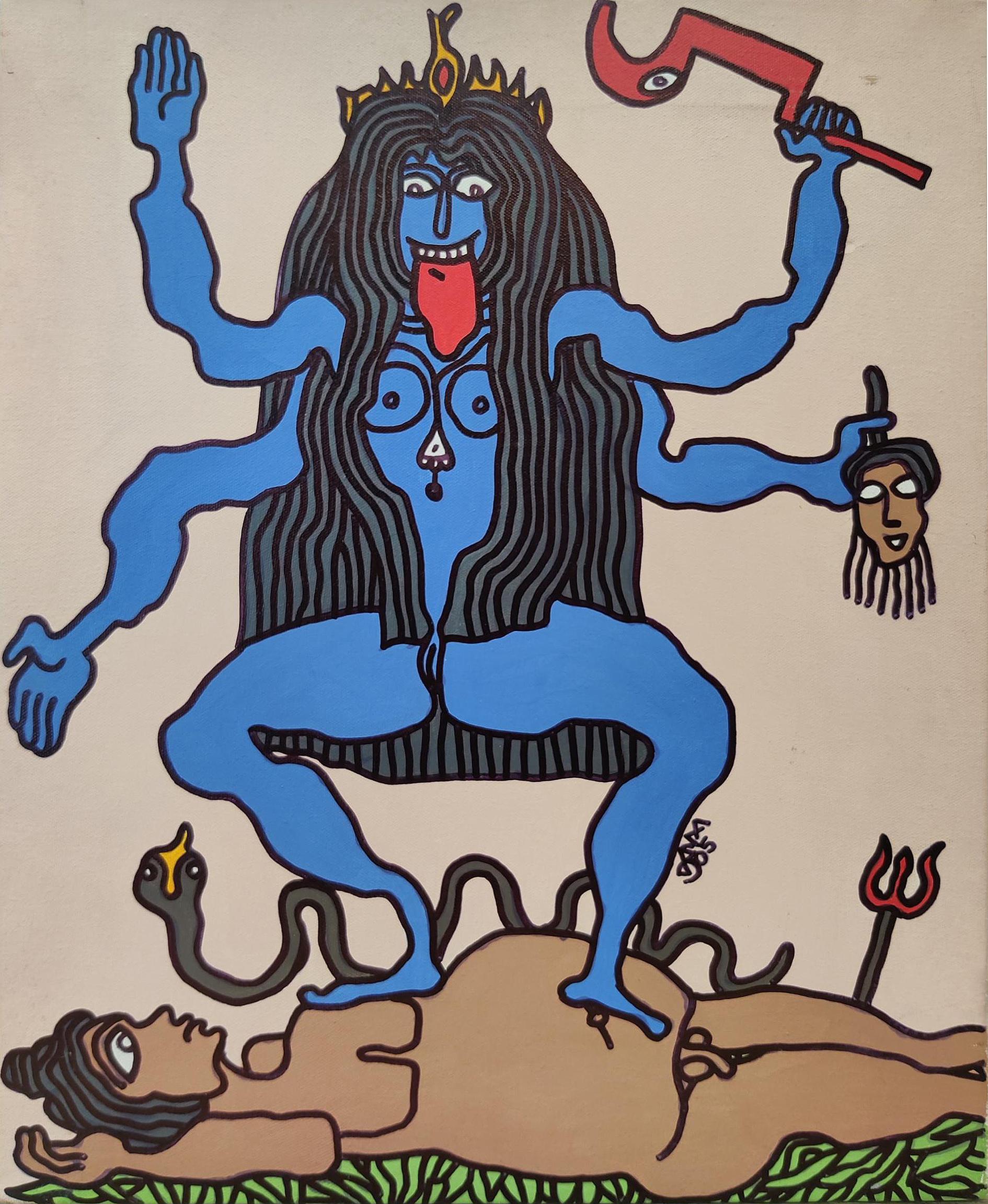 Kali Kali, Mischtechnik auf Leinwand, Blau, Braun von moderner indischer Künstler, „Auf Lager“