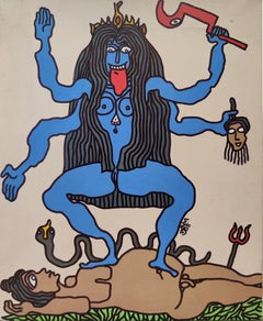 Kali, Mixed Media on Canvas, Blue, Brown by Modern Indian Artist "In Stock"