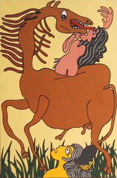 Lady on the Horse, Nude, Acrylic Canvas, Brown, Red by Indian Artist "In Stock"