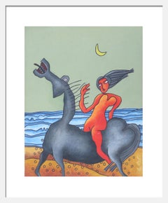Lady on the Horse, Nude, SeaBeach, Mixed Media, Brown, Red, Blue, Grey"In Stock"