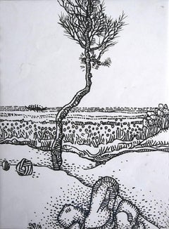 Landscape, Ink on Paper by Modern Indian Artist Prokash Karmakar "In Stock"