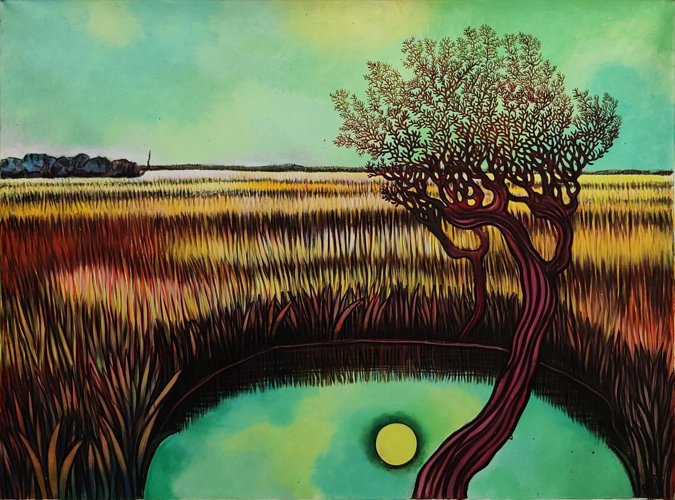 Prakash Karmarkar Landscape Painting - Landscape, Mixed Media, Green, Brown, Yellow by Modern Indian Artist "In Stock"