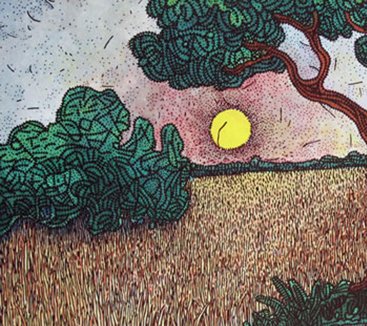 Landscape, Painting, Mixed Media on canvas, Green, Brown, Yellow, Red 