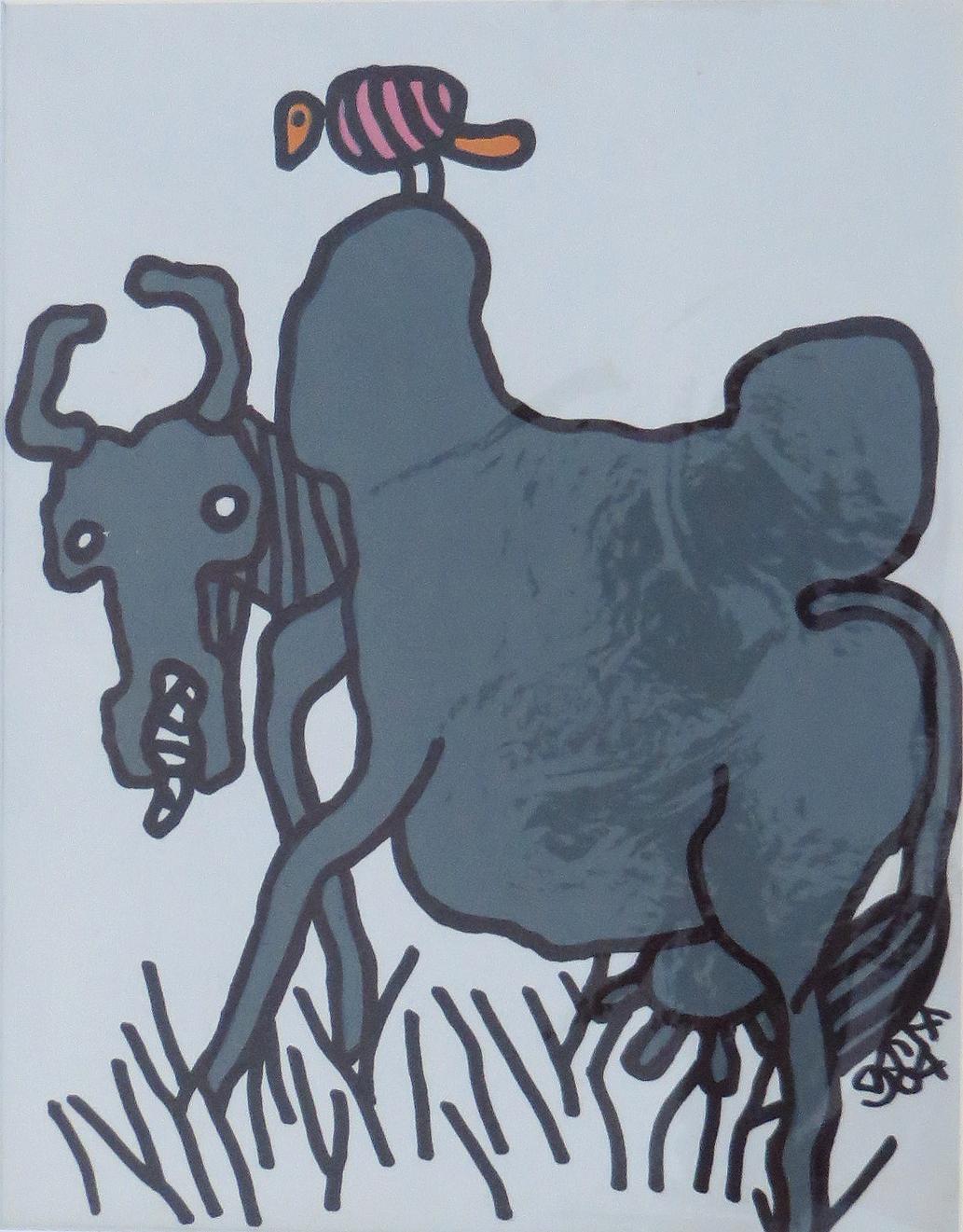 La vache, l'animal, technique mixte sur papier, bleu, rose par l'artiste indien de maître « en stock » - Moderne Mixed Media Art par Prakash Karmarkar