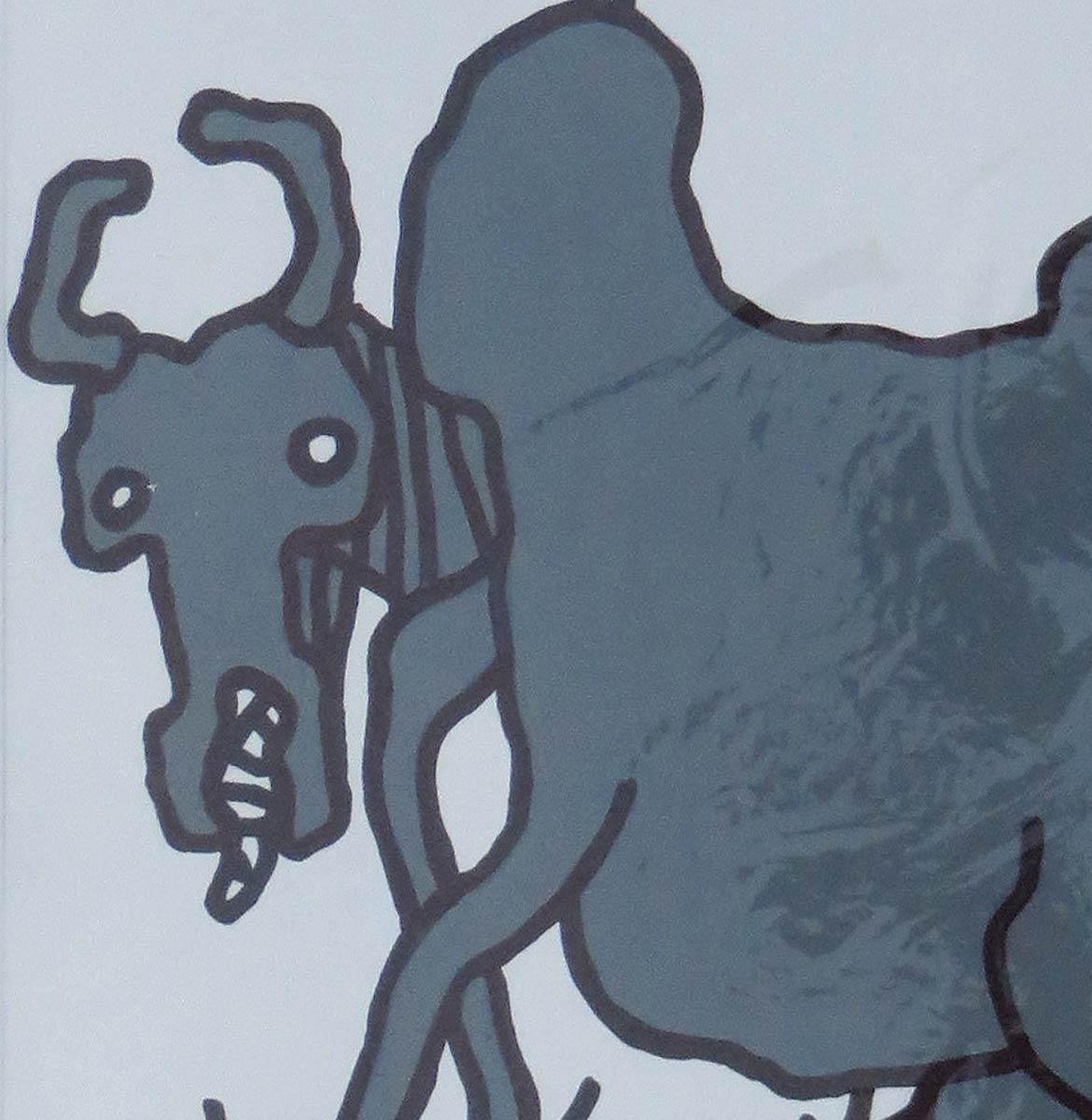 La vache, l'animal, technique mixte sur papier, bleu, rose par l'artiste indien de maître « en stock » en vente 1