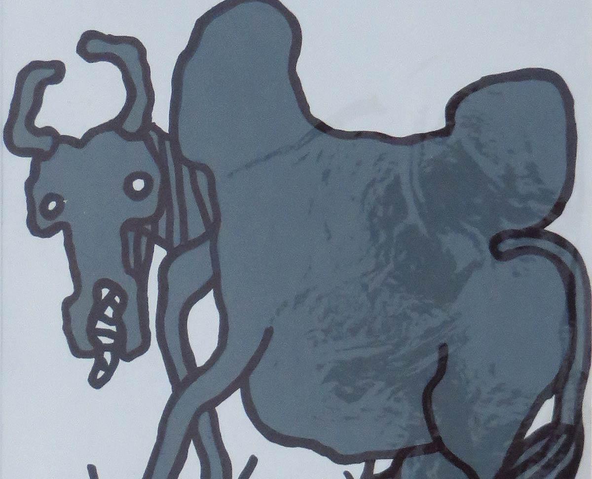 La vache, l'animal, technique mixte sur papier, bleu, rose par l'artiste indien de maître « en stock » en vente 3