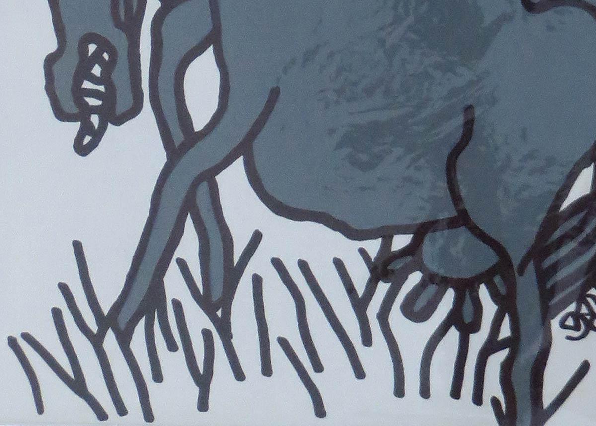 La vache, l'animal, technique mixte sur papier, bleu, rose par l'artiste indien de maître « en stock » en vente 4