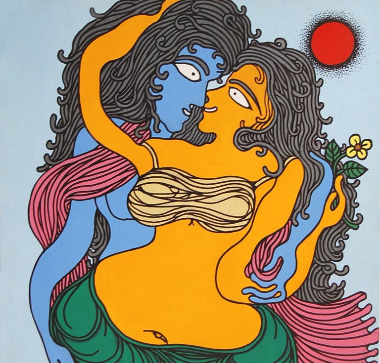 Radha-Kishen, Mythology, Acrylic, Green, Blue, Red by Top Artist 