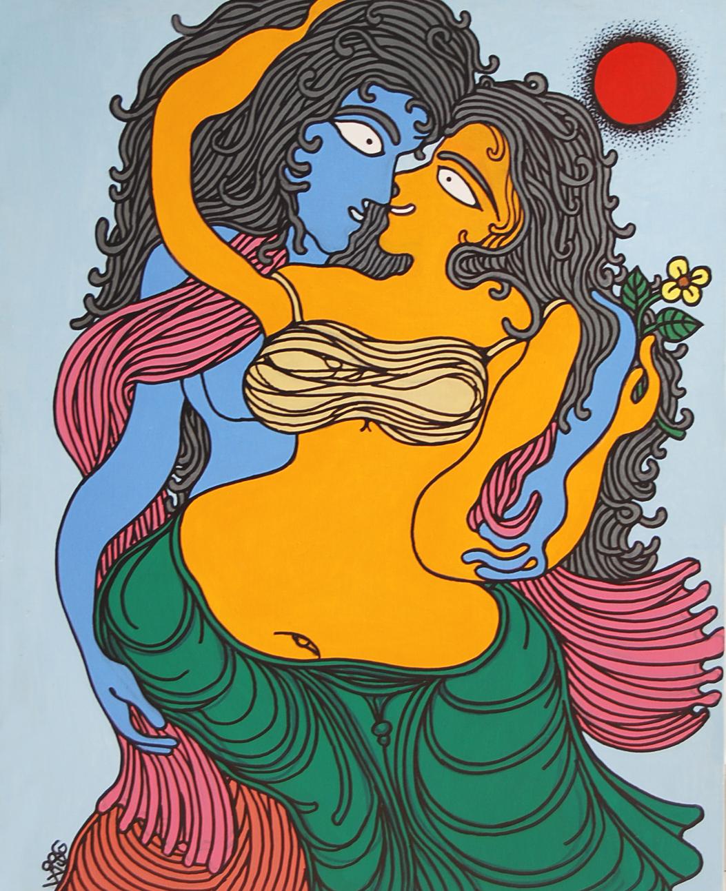 Radha-Kishen, Mythology, Acrylic, Green, Blue, Red by Top Artist "In Stock"