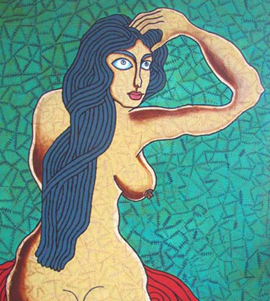 Seated Woman, Acrylic on Canvas, Green & Red by famous Indian Artist 