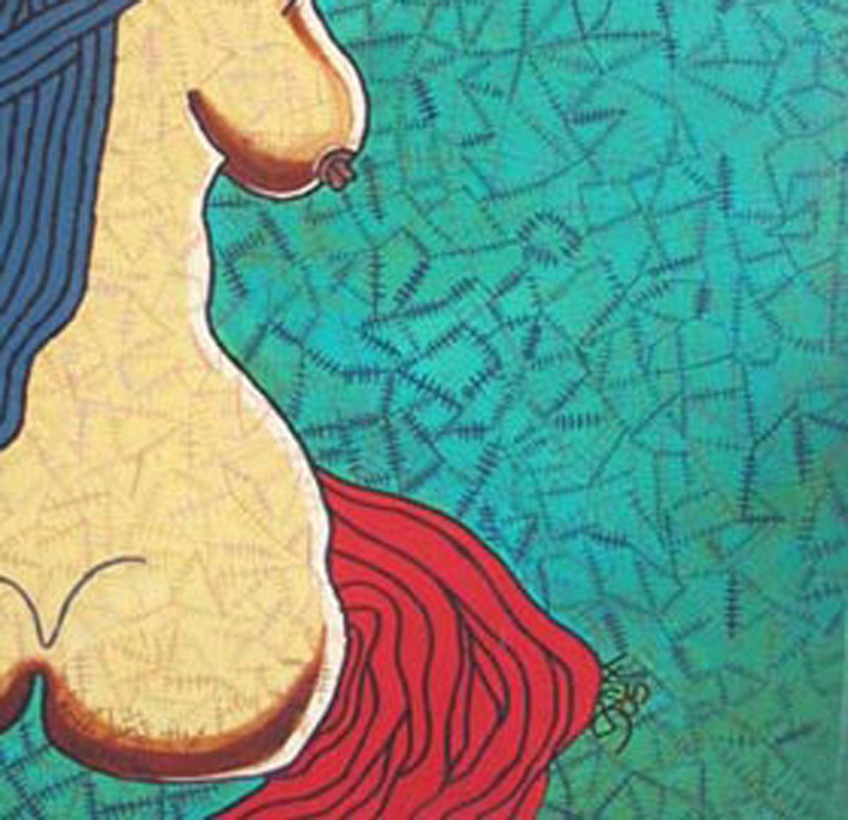 Seated Woman, Acrylic on Canvas, Green & Red by famous Indian Artist 