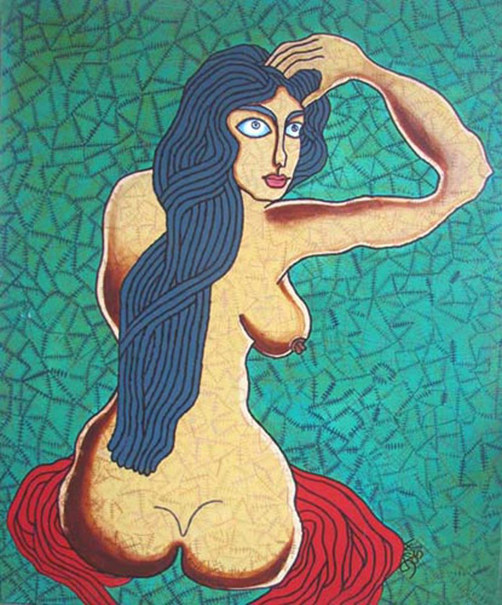 Prakash Karmarkar Figurative Painting - Seated Woman, Acrylic on Canvas, Green & Red by famous Indian Artist "In Stock"