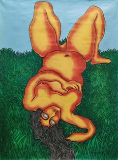 Sunbathing on the Grass, Acrylic on Canvas by Modern Indian Artist "In Stock"