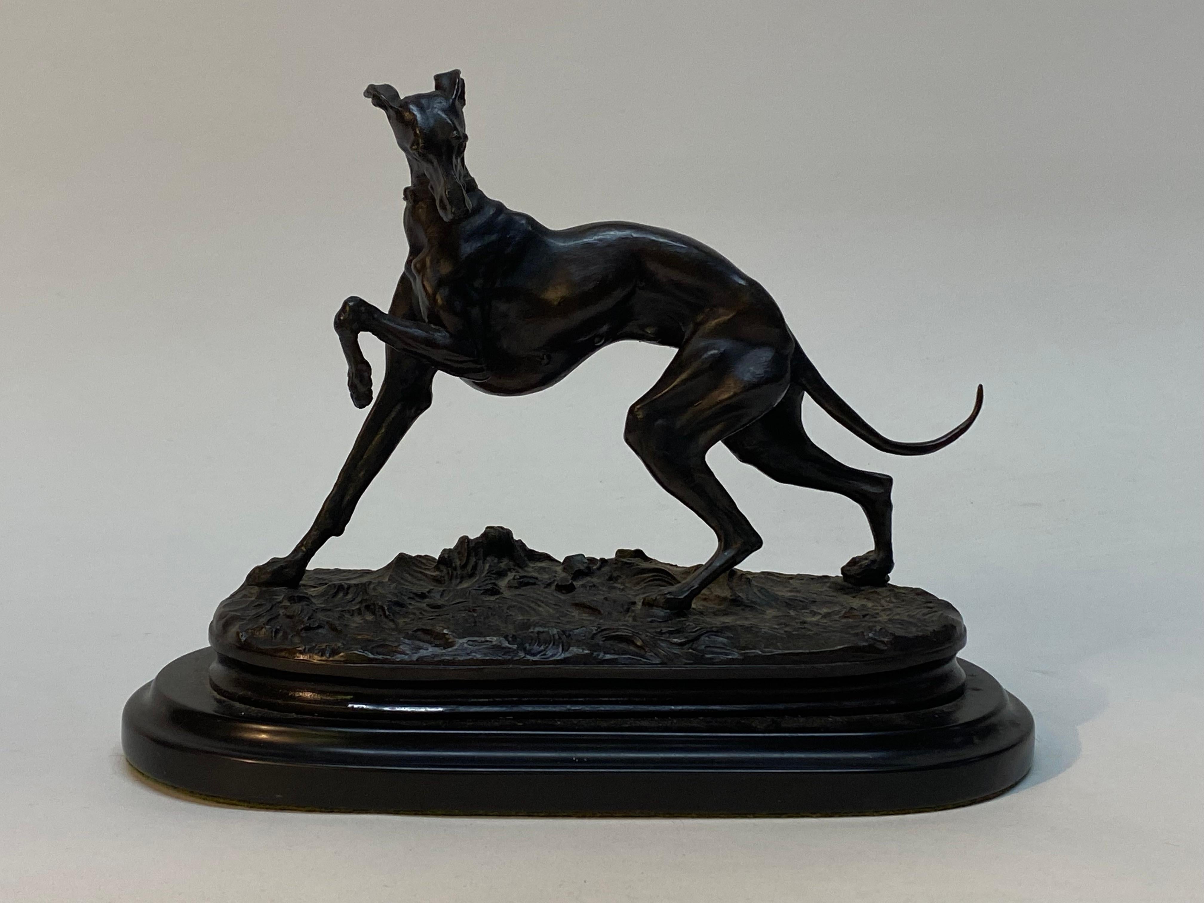Cast bronze prancing greyhound by Pierre Jules Mene, (1810-1879). The highly detailed bronze rests on a back granite base. Impressed signature, PJ Mene. No foundry mark, but this was consistent with Men's work. Circa Late 19th Century. Fine