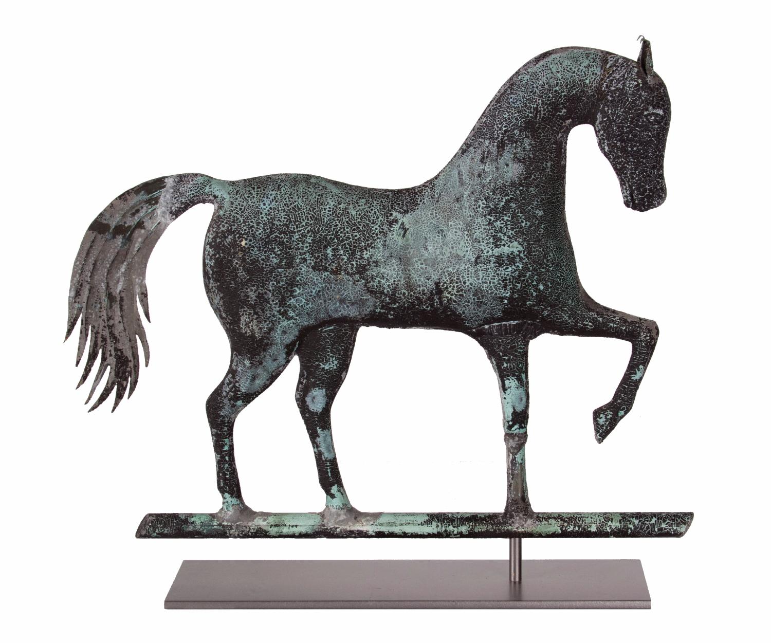 Prancing horse weathervane, attributed to Jewel & Co. Waltham, Massachusetts, CA 1860:

Prancing horse weathervane by A.H. Jewell & Co., Waltham, MA. Made of molded copper, with a cast zinc head, applied copper ears and a sheet copper tail, this