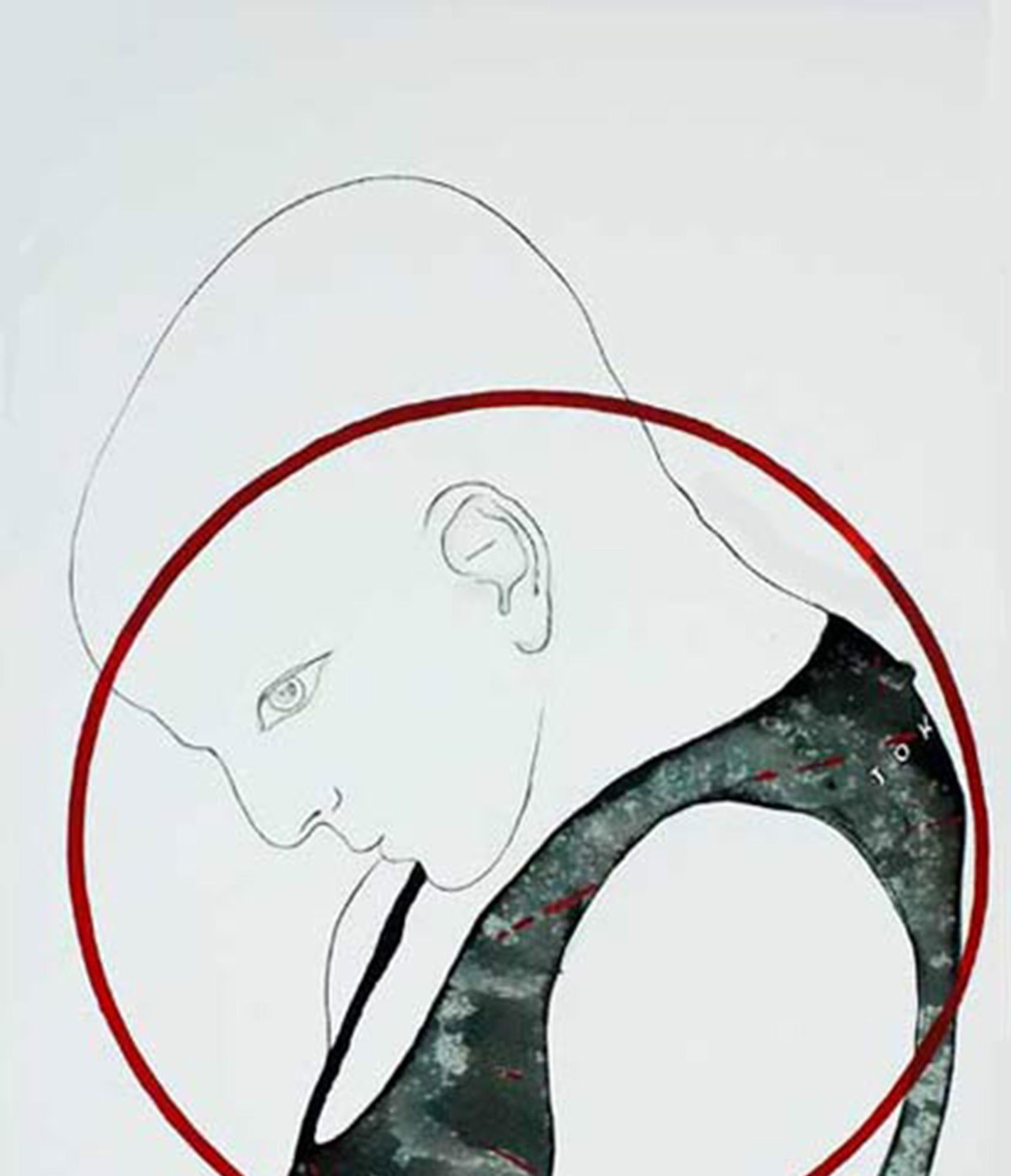Man, Acrylic Watercolor on paper, Red, Grey, Green  by Indian Artist 
