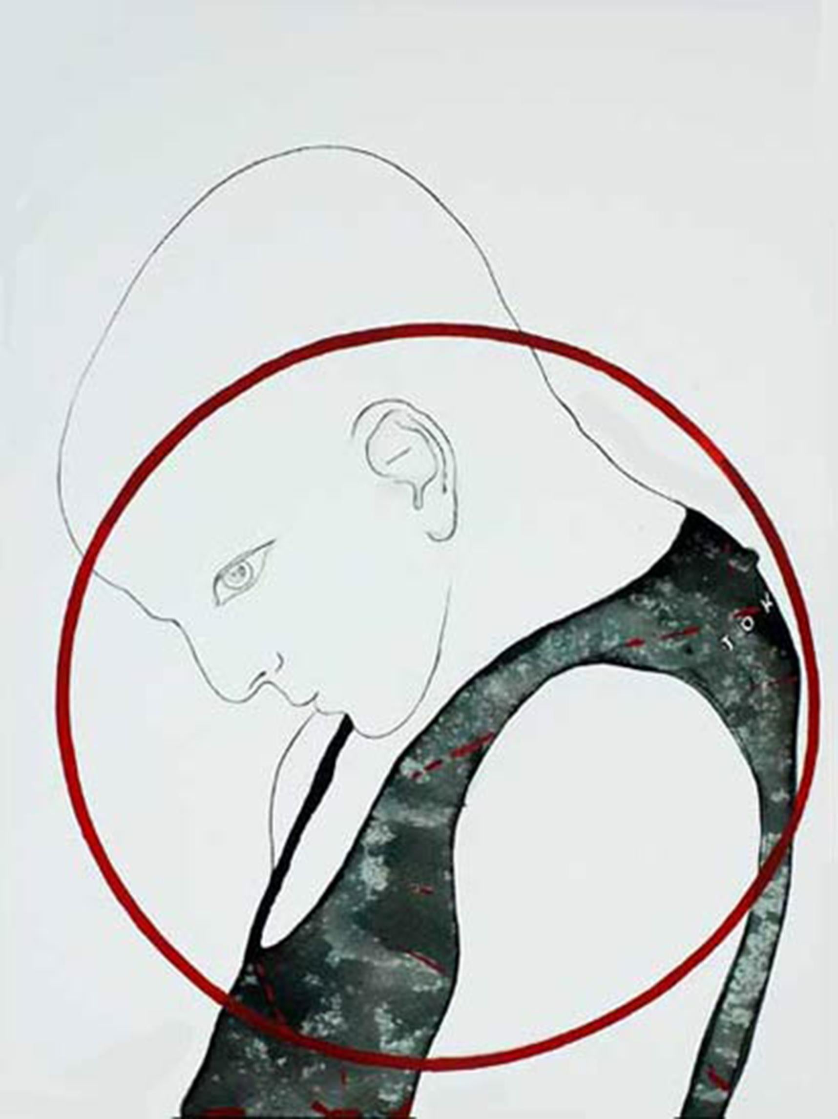 Man, Acrylic Watercolor on paper, Red, Grey, Green  by Indian Artist "In Stock"