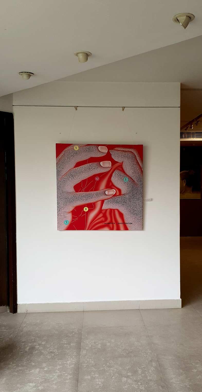 Incomplete Investigation, Acrylic on Canvas, Red by Indian Artist 