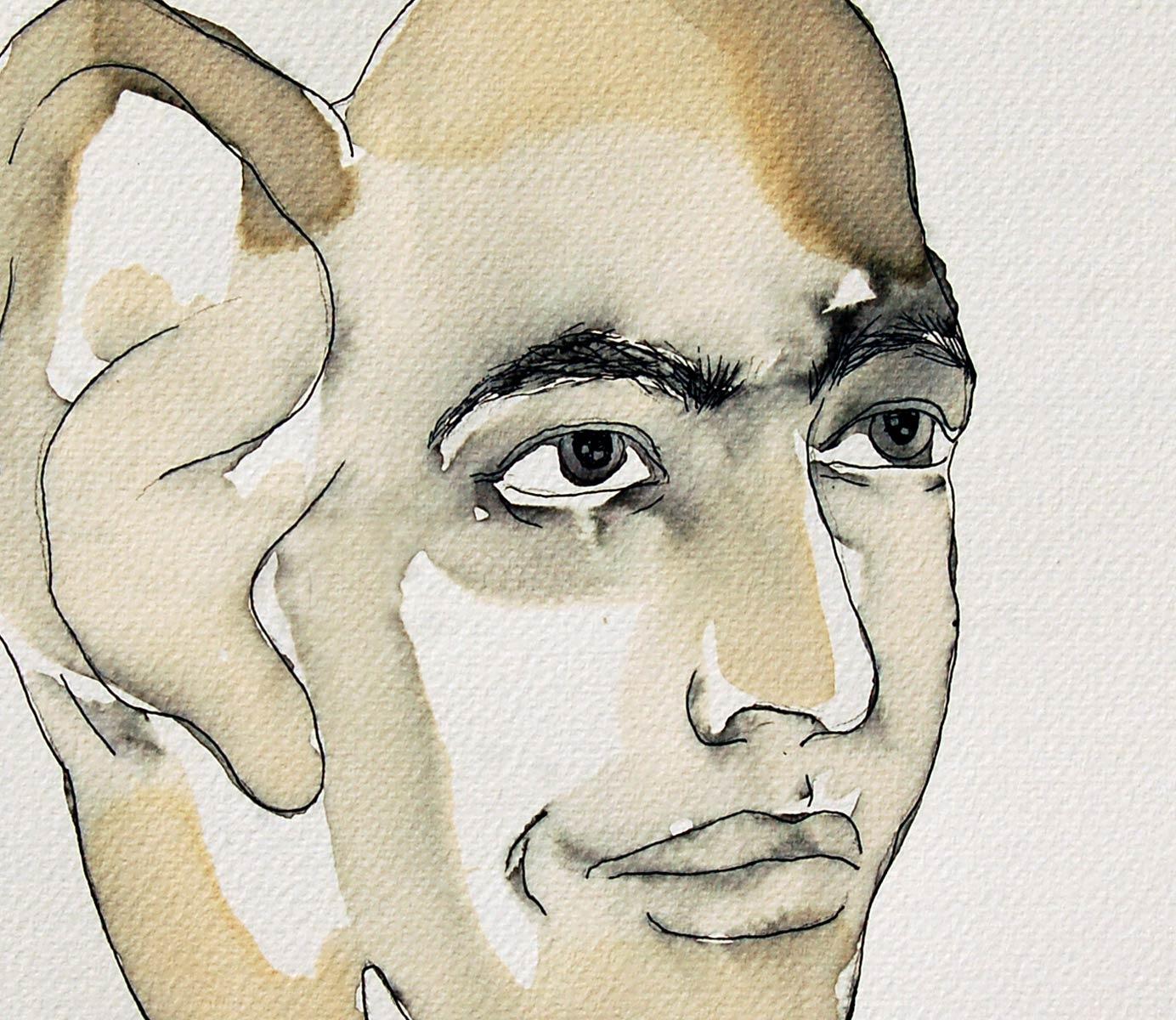 Man with big Ear (Un homme avec une grande oreille), figuratif, encre et toilette à thé sur papier d'un artiste contemporain - Beige Figurative Art par Prasanta Sahu