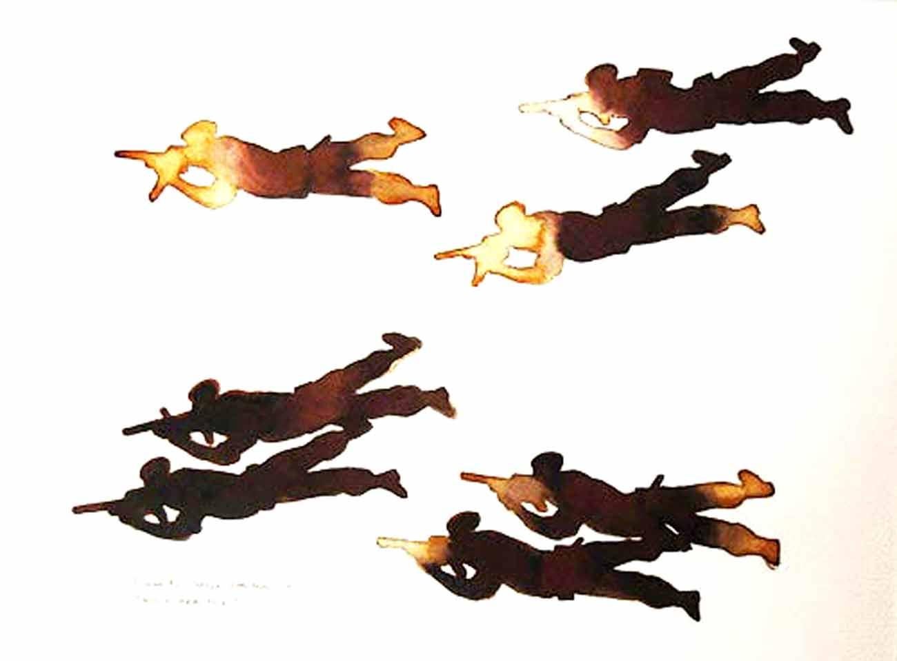 « Mock Practice : Gunmen practicing » (Set of 3 Works) d'un artiste contemporain indien - Painting de Prasanta Sahu