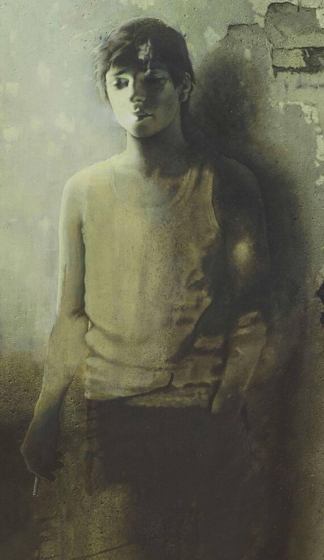 Unknown Destiny, Adolescent Boy in Green-Brown colored Canvas , Contemporary Art - Painting by Prasenjit Sengupta