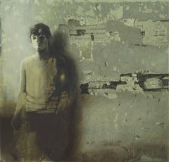 Destino sconosciuto, ragazzo adolescente in tela colorata verde-marrone , Arte contemporanea