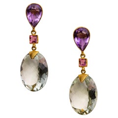Prasiolite, Amethyst and Pink Tourmaline 18K Gold Dangle Earrings