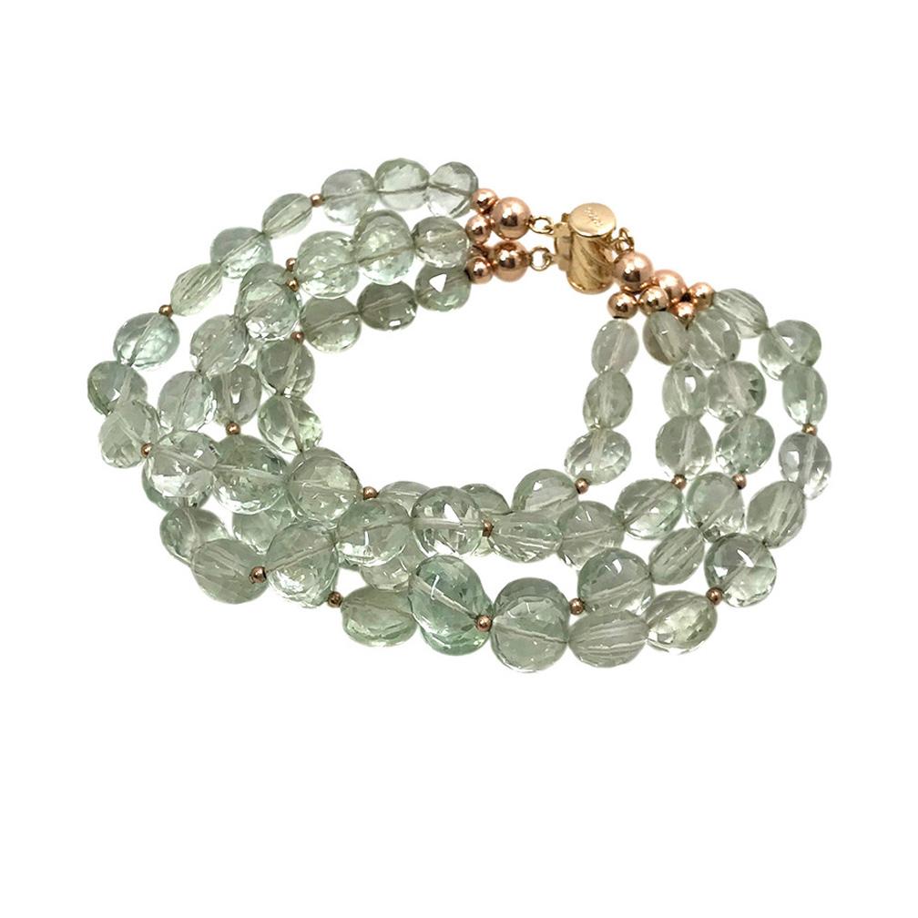 Perlina Bracciale a più fili con prasiolite e oro rosa 14K in vendita