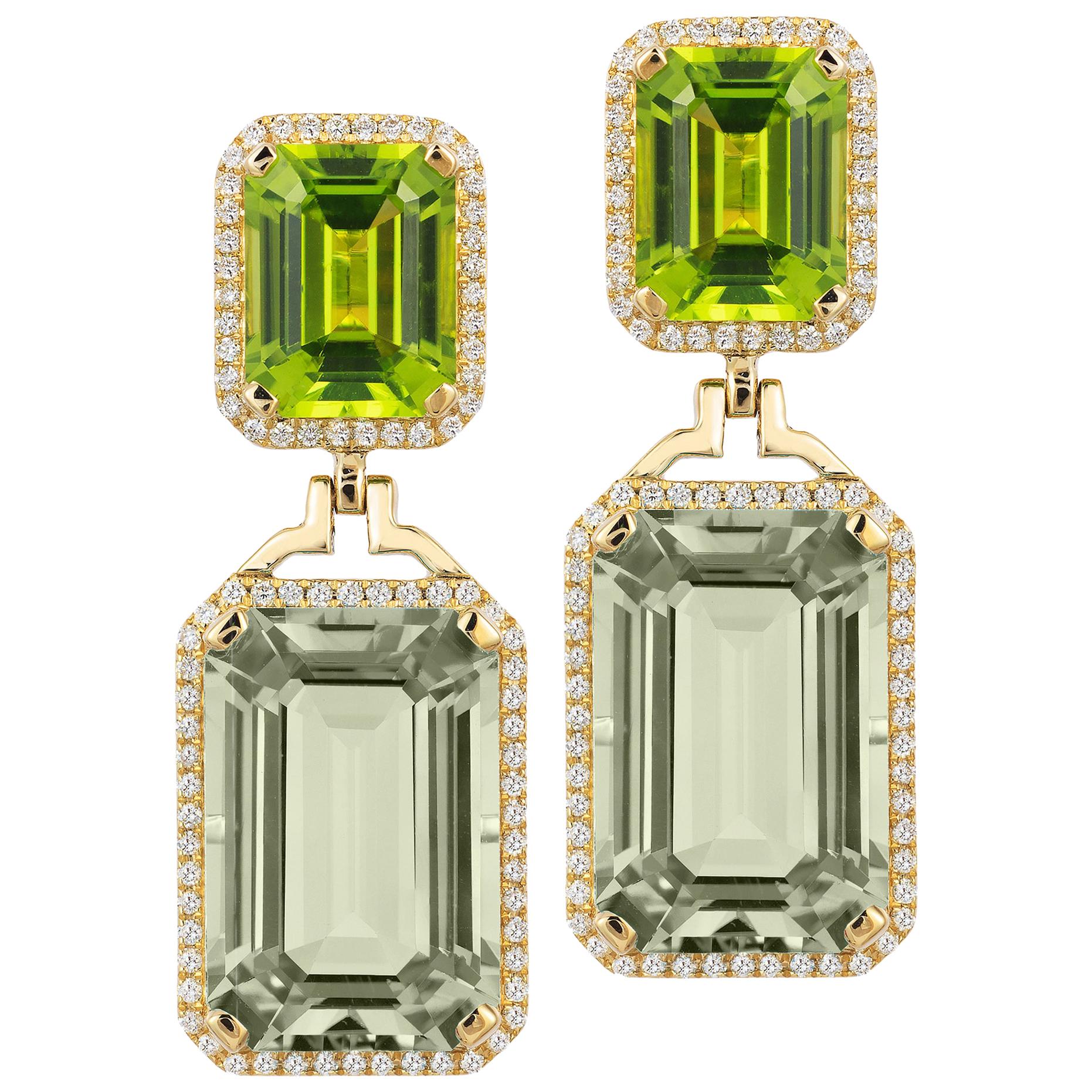 Goshwara Emerald Cut Prasiolite & Peridot With Diamond Earrings For Sale