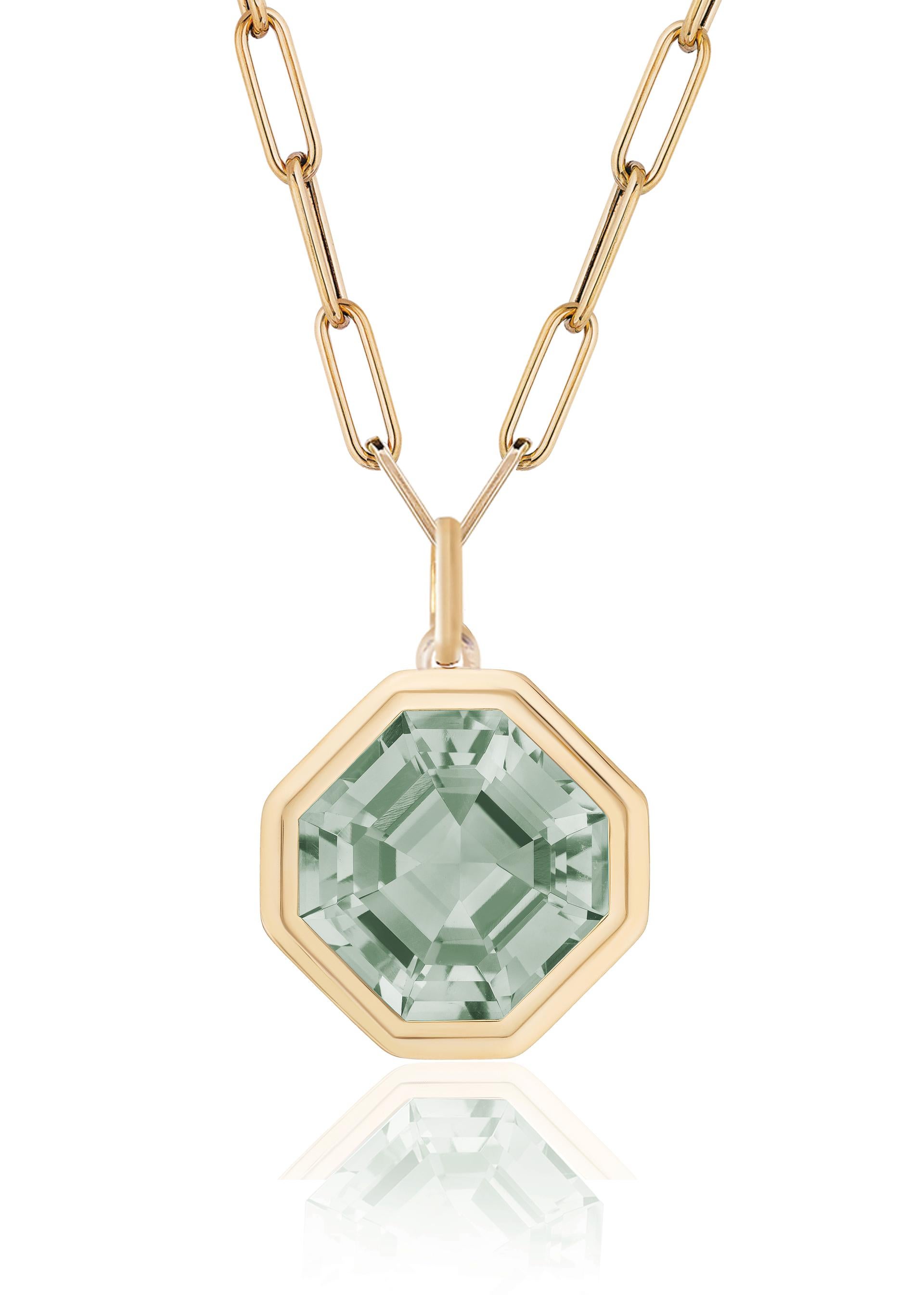 Prasiolith Asscher Cut Lünette Set Anhänger in 18K Gelbgold im Zustand „Neu“ im Angebot in New York, NY