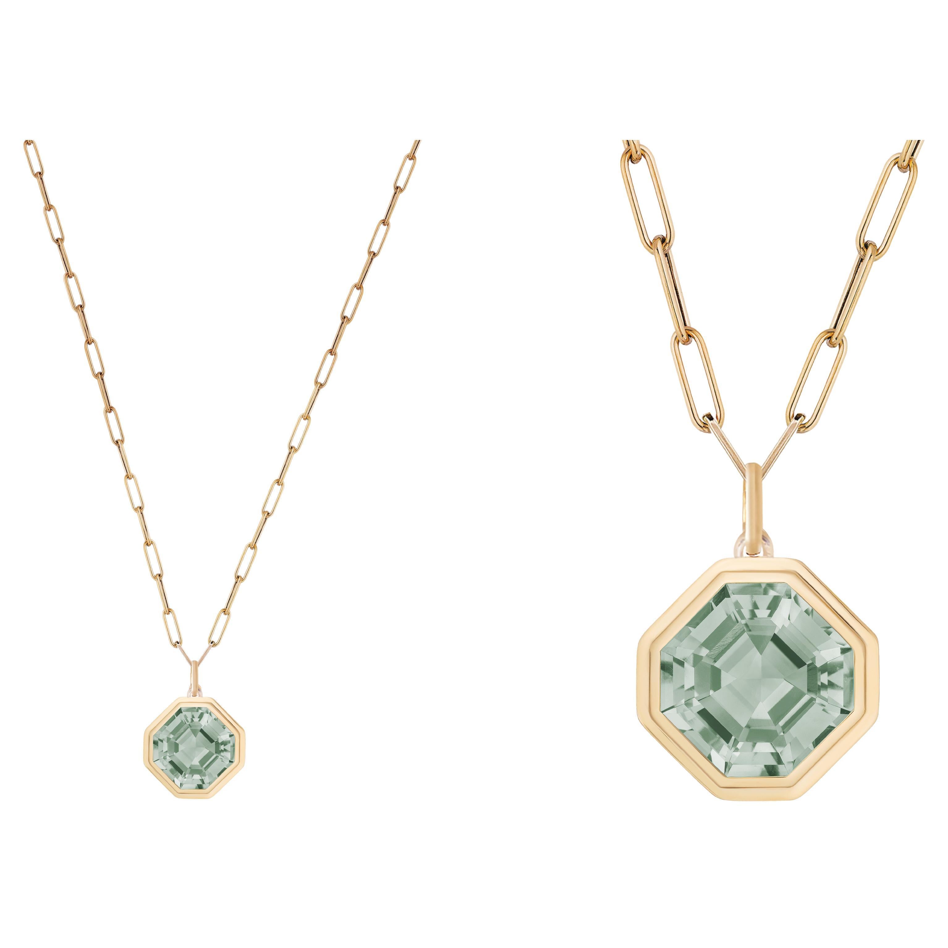 Prasiolite Asscher Cut Bezel Set Pendant In 18K Yellow Gold