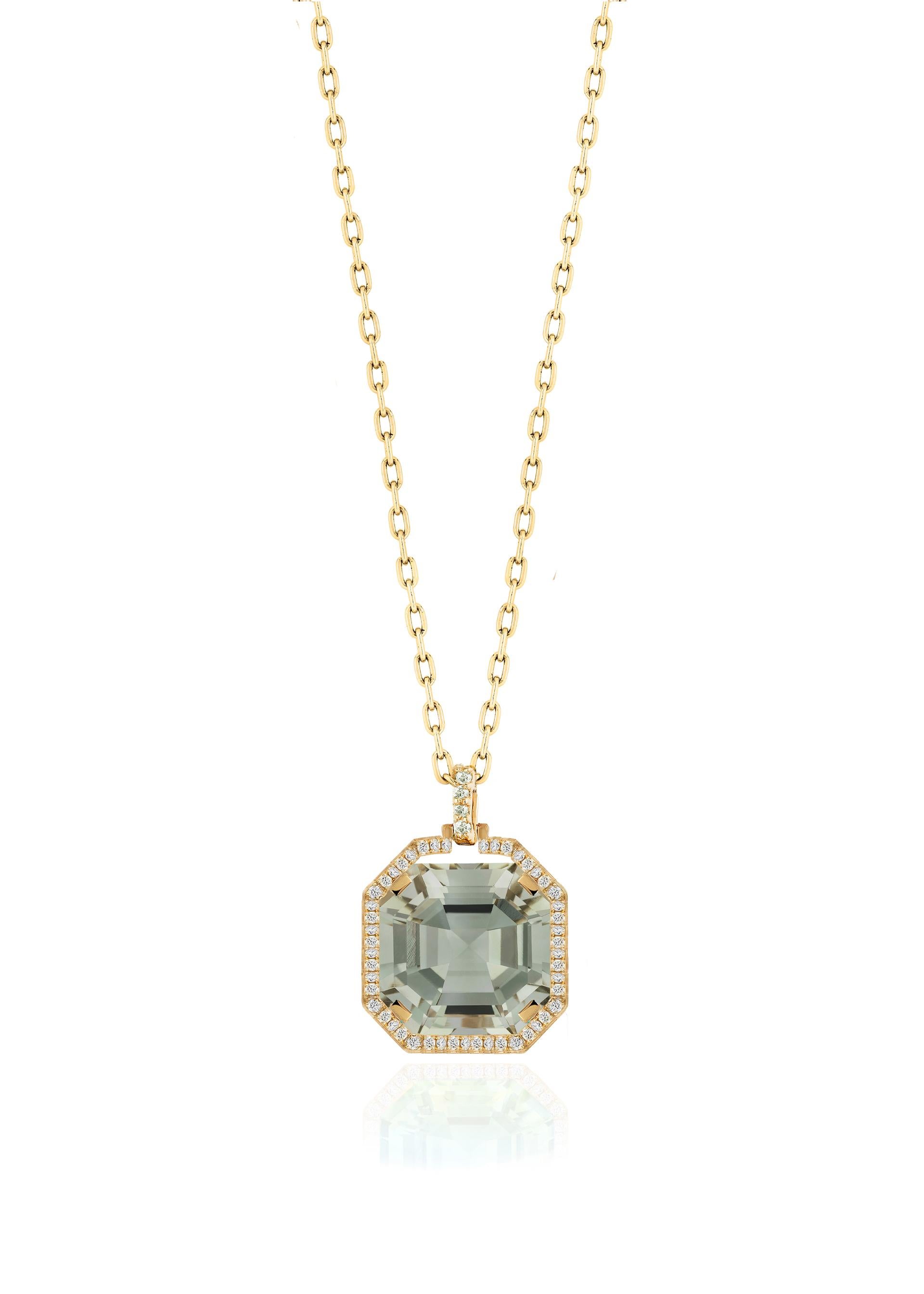 Pendentif Prasiolite Asscher Cut avec diamants en or jaune 18K Pour femmes en vente