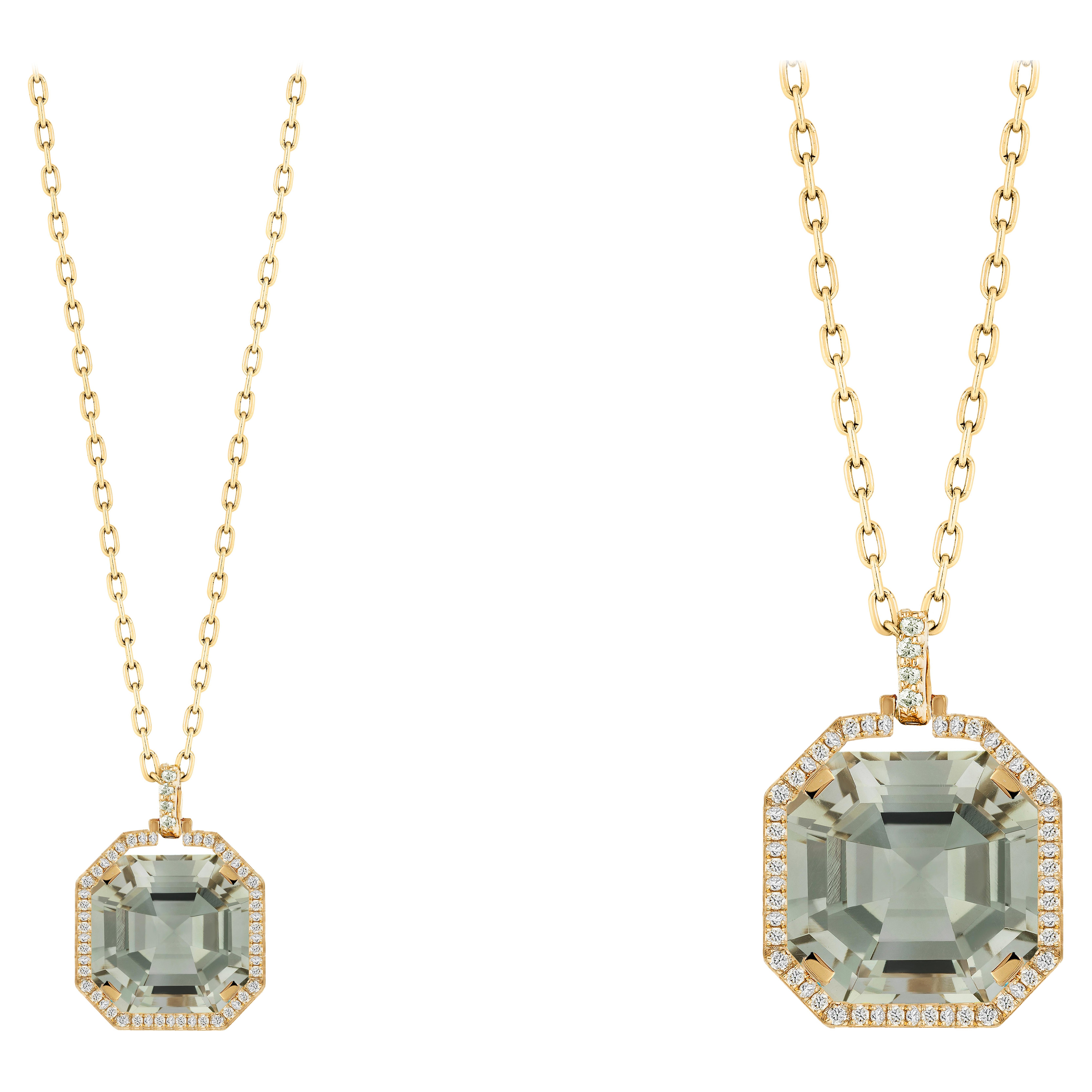 Prasiolite Asscher Cut Pendant With Diamonds In 18K Yellow Gold
