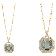Prasiolite Asscher Cut Pendant With Diamonds In 18K Yellow Gold