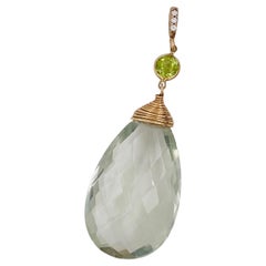 Prasiolite Briolette Peridot Diamond Drop 14K Yellow Gold Pendant Only