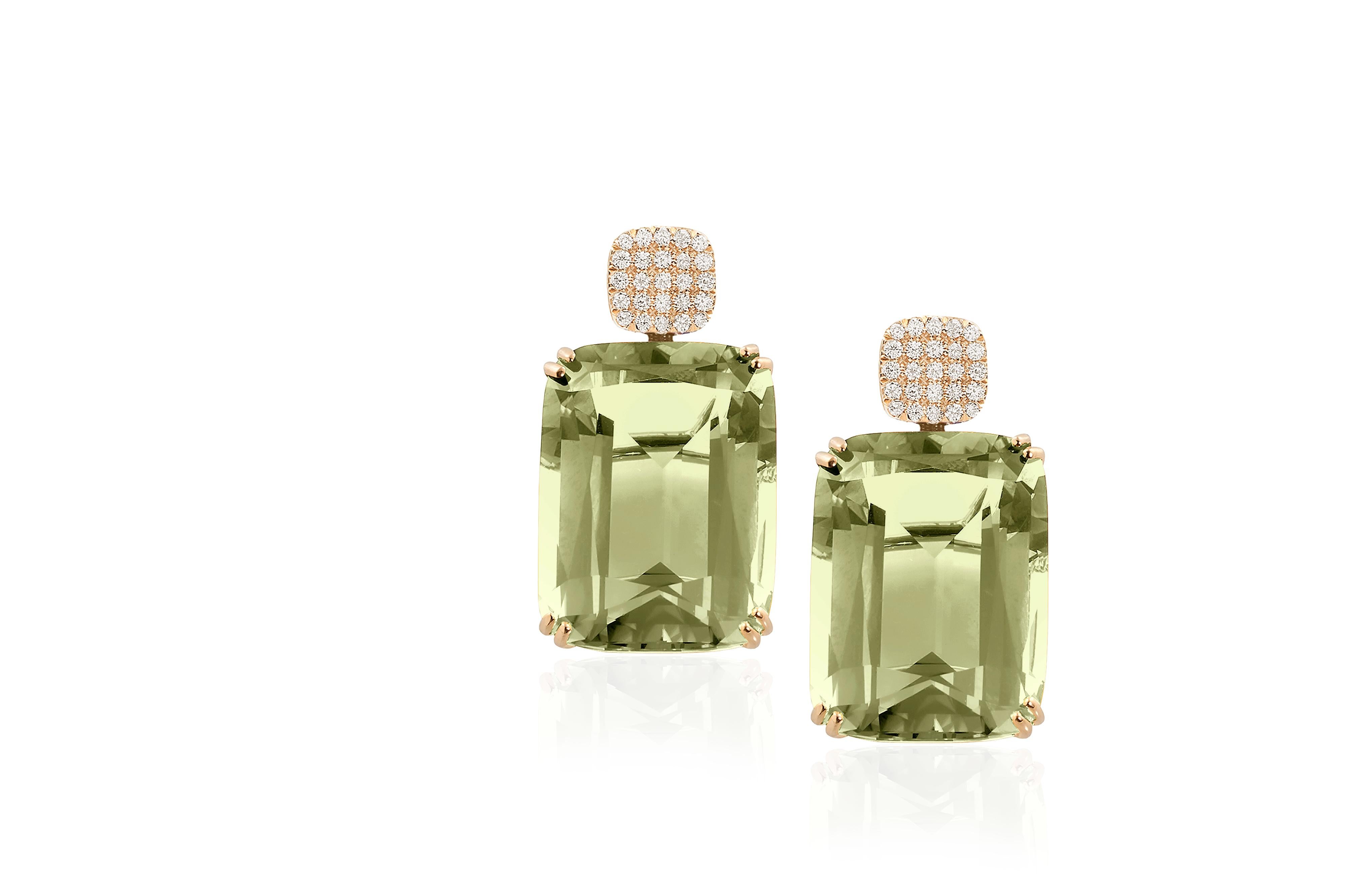 Prasiolite Cushion Earrings with Diamonds in 18K Yellow Gold, from 'Gossip' Collection. Like any good piece of gossip, it carries a hint of shock value.

* Gemstone: 100% Earth Mined 
* Approx. gemstone Weight: 43.3 Carats (Prasiolite)

* 100%