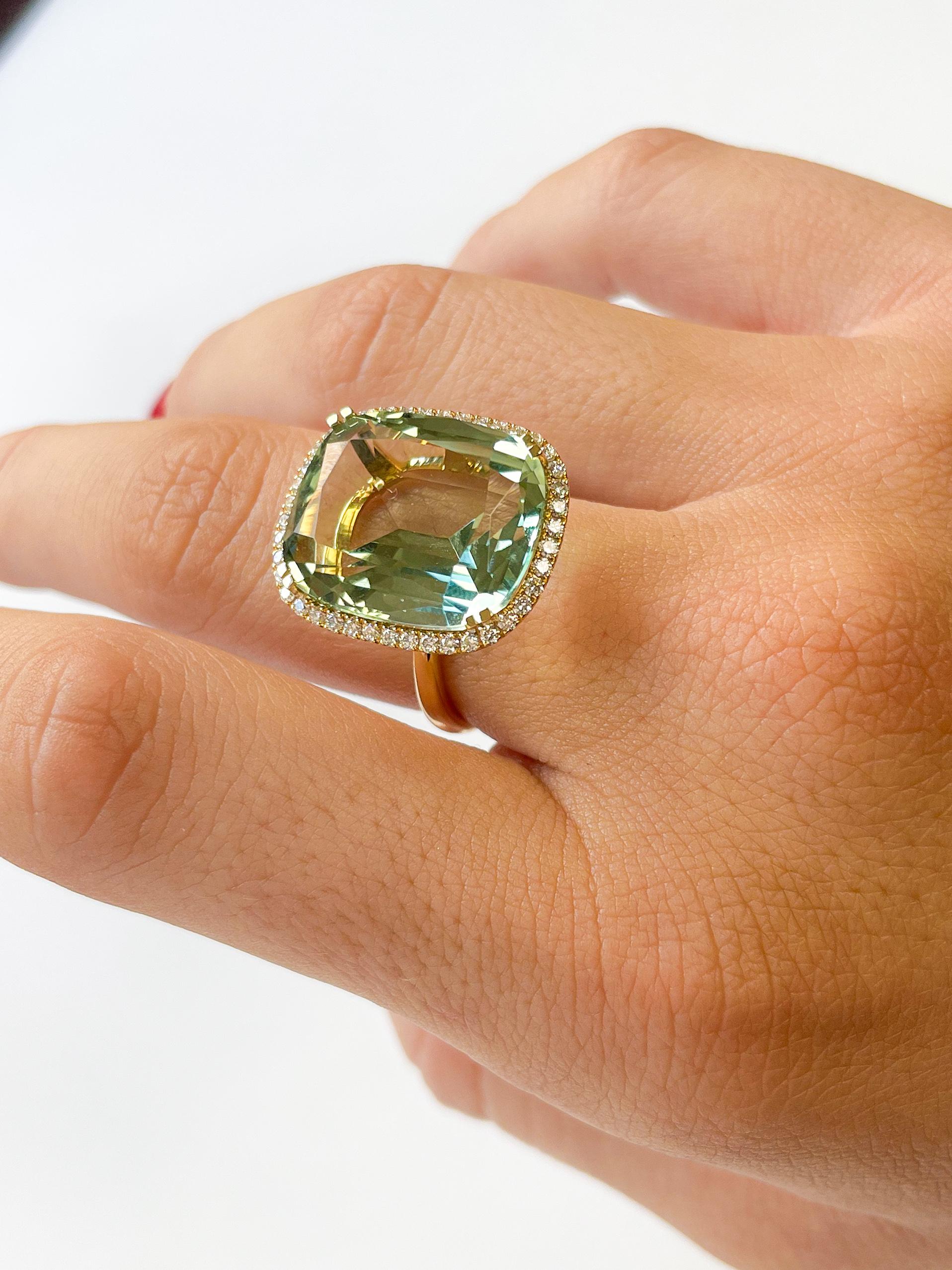 For Sale:  Prasiolite & Diamond Cushion-Cut Ring in 18K Yellow Gold 2