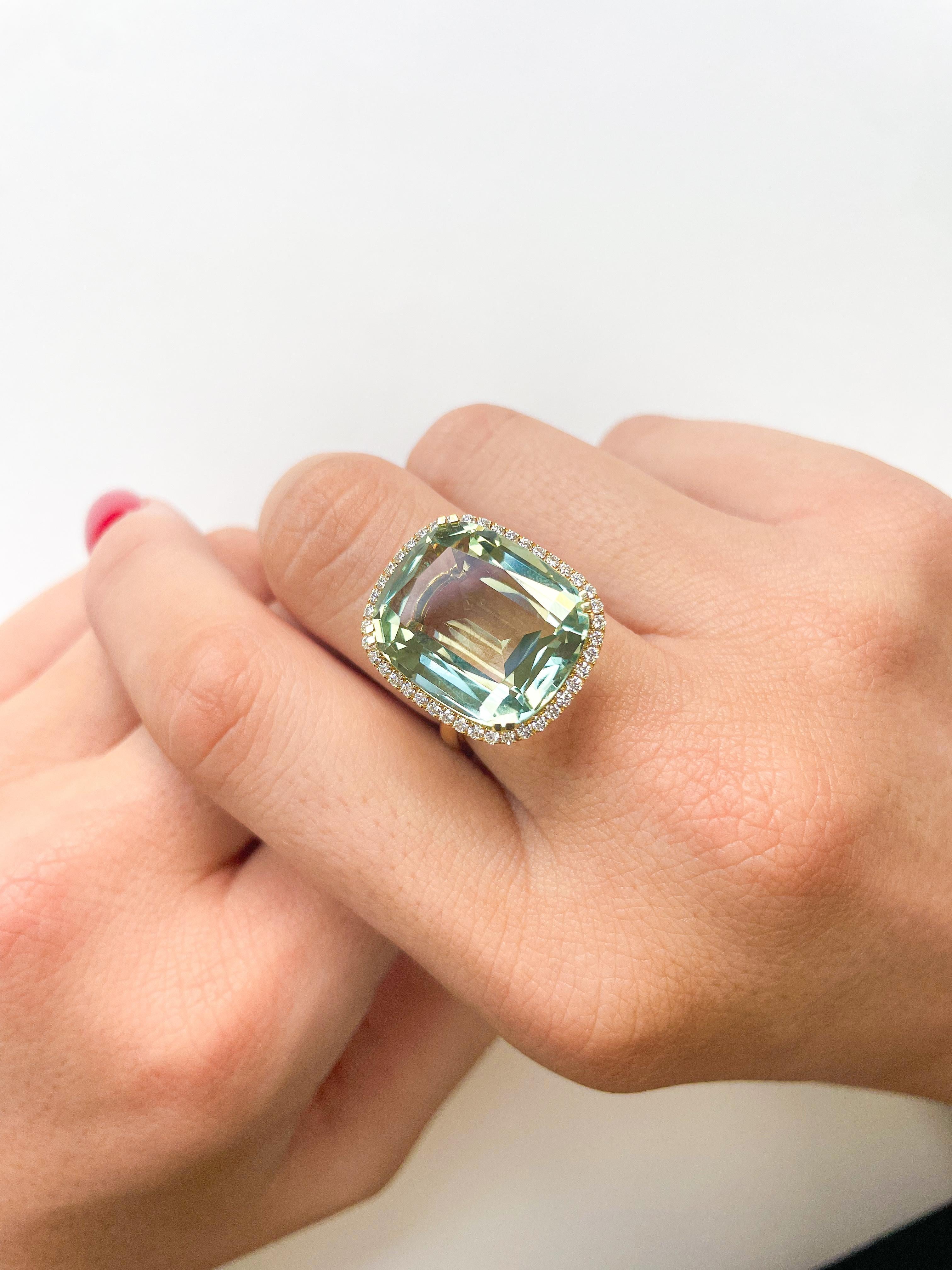 For Sale:  Prasiolite & Diamond Cushion-Cut Ring in 18K Yellow Gold 3