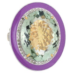 Anello con smalto e diamanti Prasiolite Estate 14k Gold Silver Cocktail ovale grande Sz 7