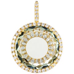 Prasiolite Diamond Halo Pendant 18 Karat Gold Round Enhancer Estate Jewelry