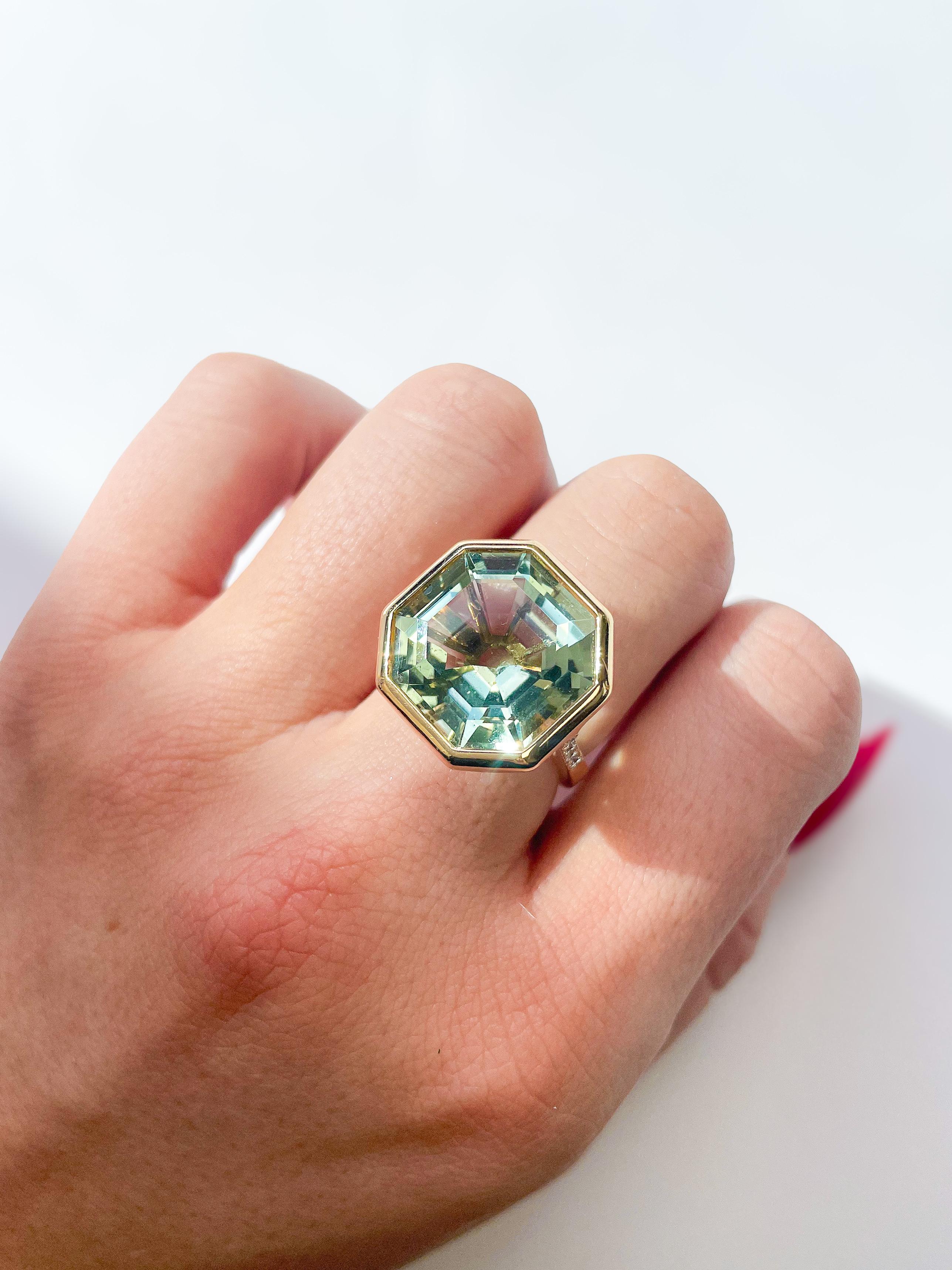 For Sale:  Prasiolite & Diamond Octagon Ring in 18K Yellow Gold 2