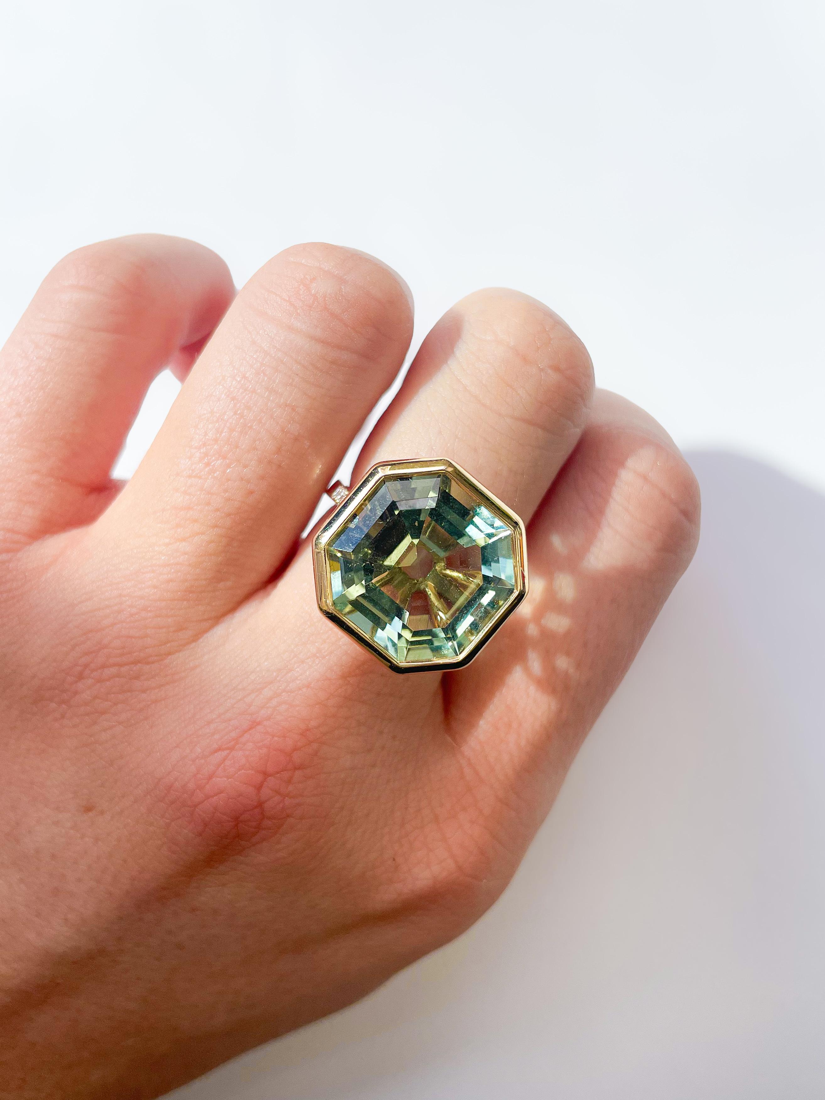 For Sale:  Prasiolite & Diamond Octagon Ring in 18K Yellow Gold 3