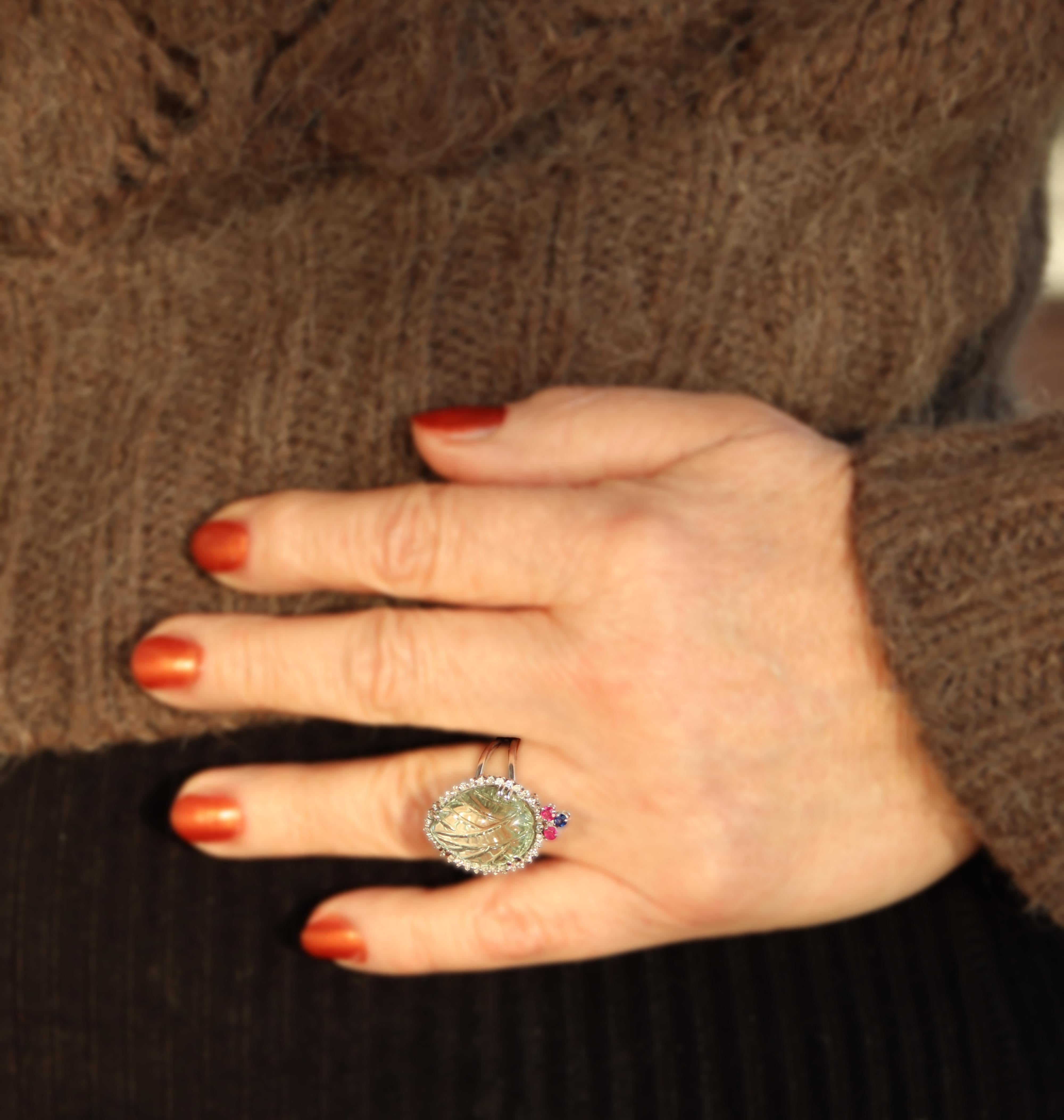Prasiolite Diamonds Ruby Sapphires 18 Karat White Gold Cocktail Ring For Sale 5