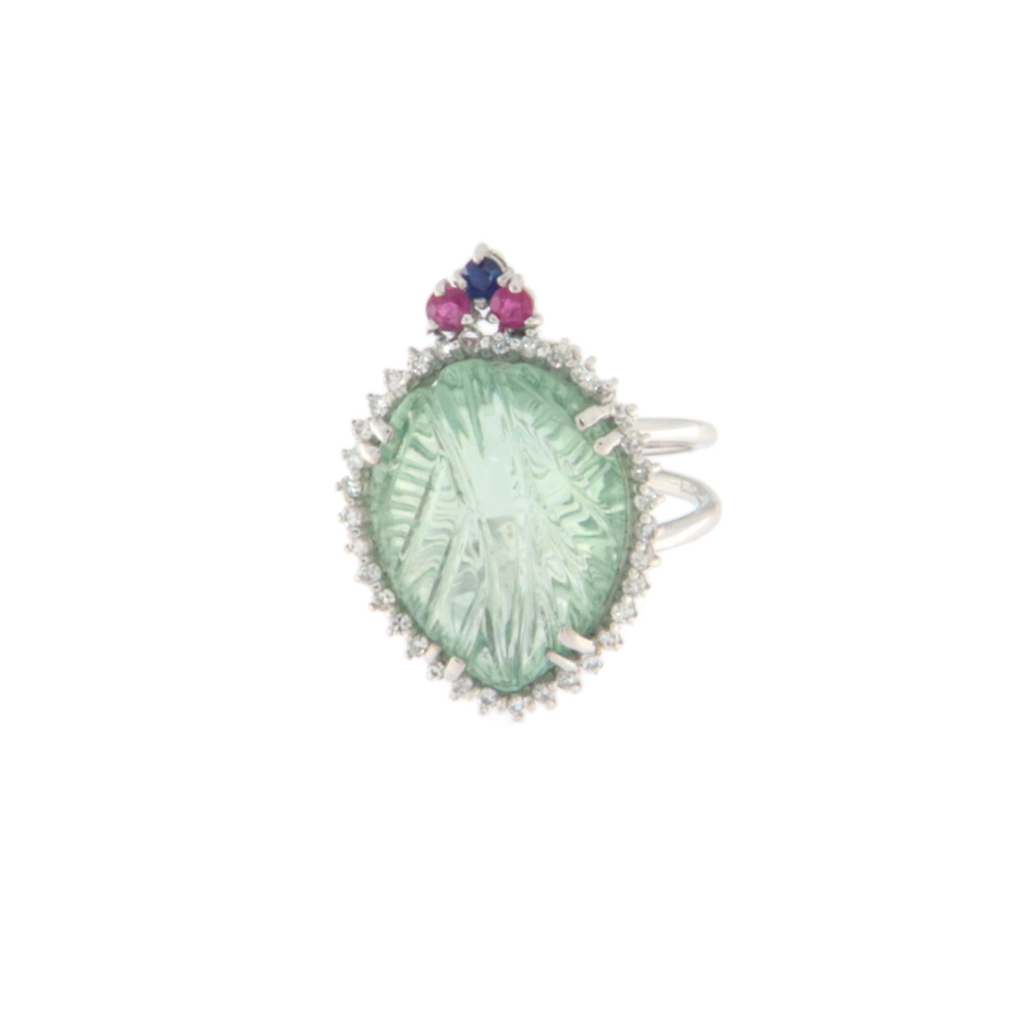 Artisan Prasiolite Diamonds Ruby Sapphires 18 Karat White Gold Cocktail Ring For Sale