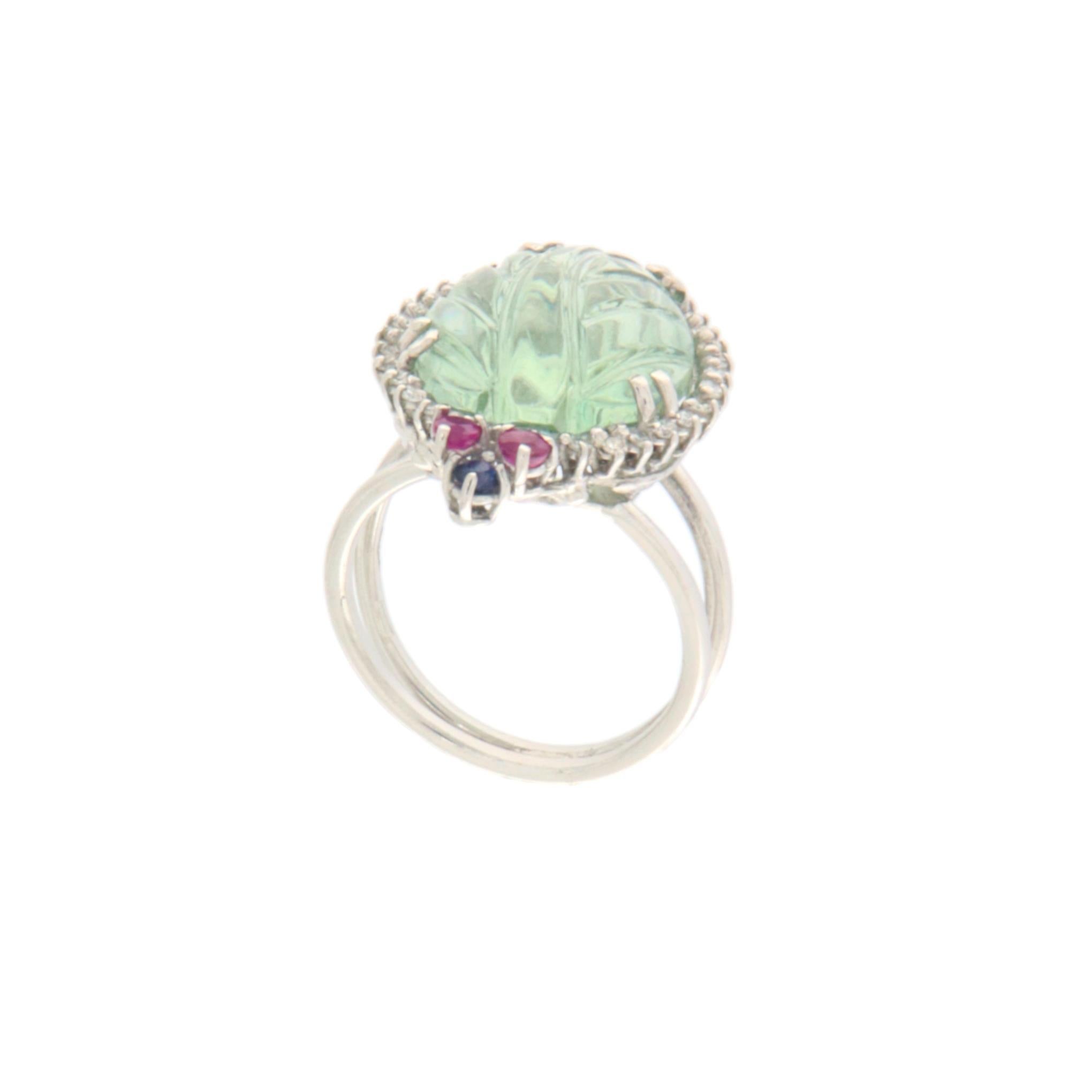 Brilliant Cut Prasiolite Diamonds Ruby Sapphires 18 Karat White Gold Cocktail Ring For Sale