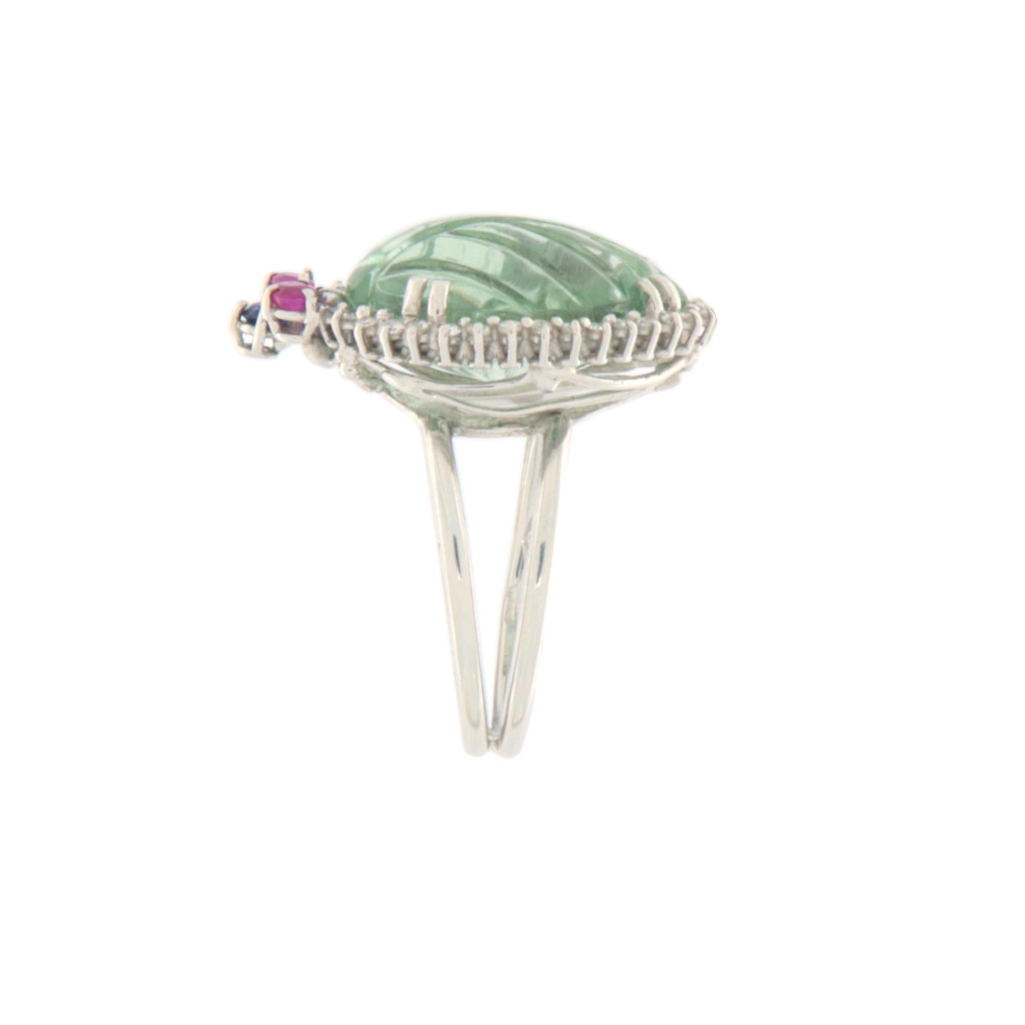 Women's Prasiolite Diamonds Ruby Sapphires 18 Karat White Gold Cocktail Ring For Sale