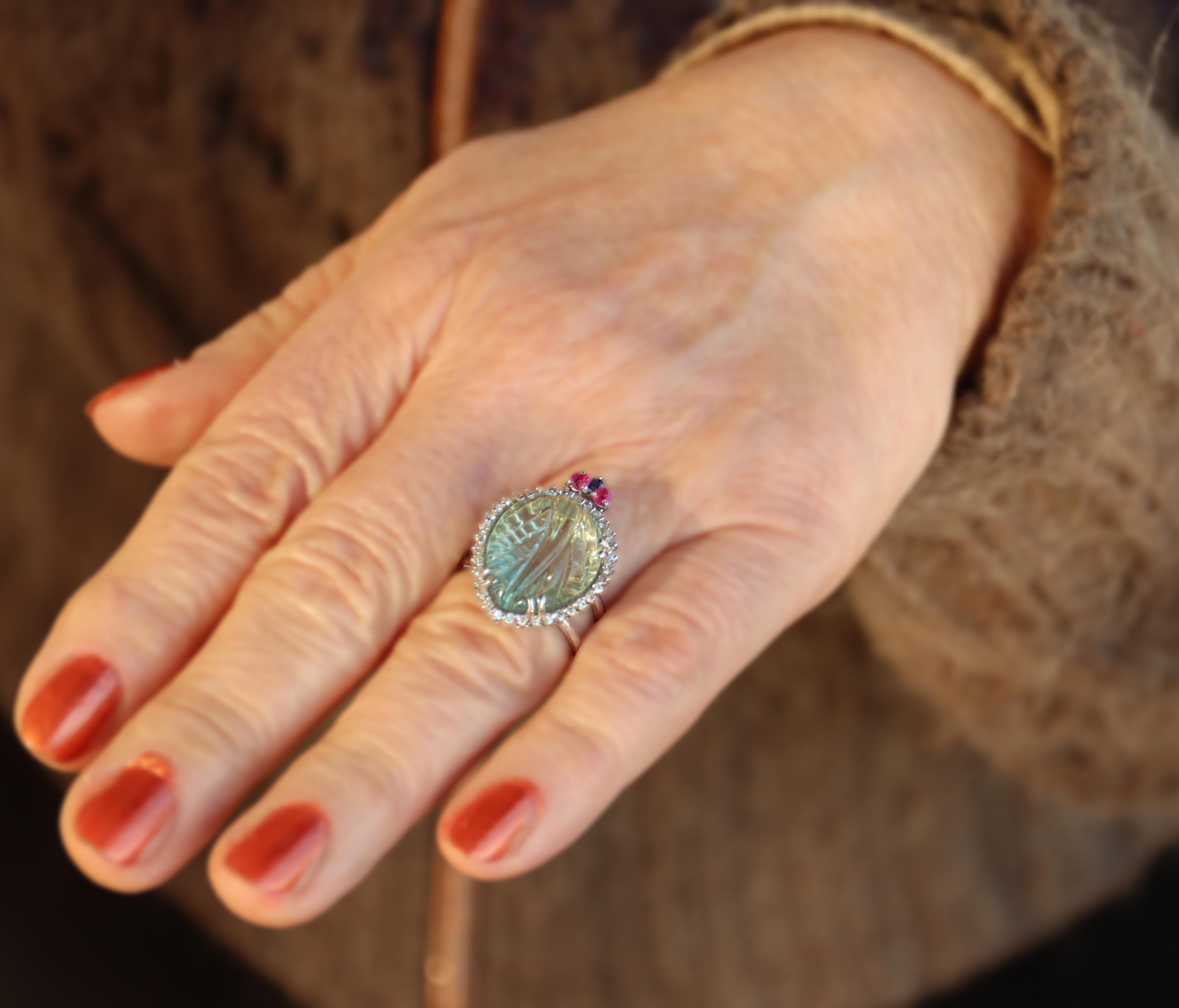 Prasiolite Diamonds Ruby Sapphires 18 Karat White Gold Cocktail Ring For Sale 2