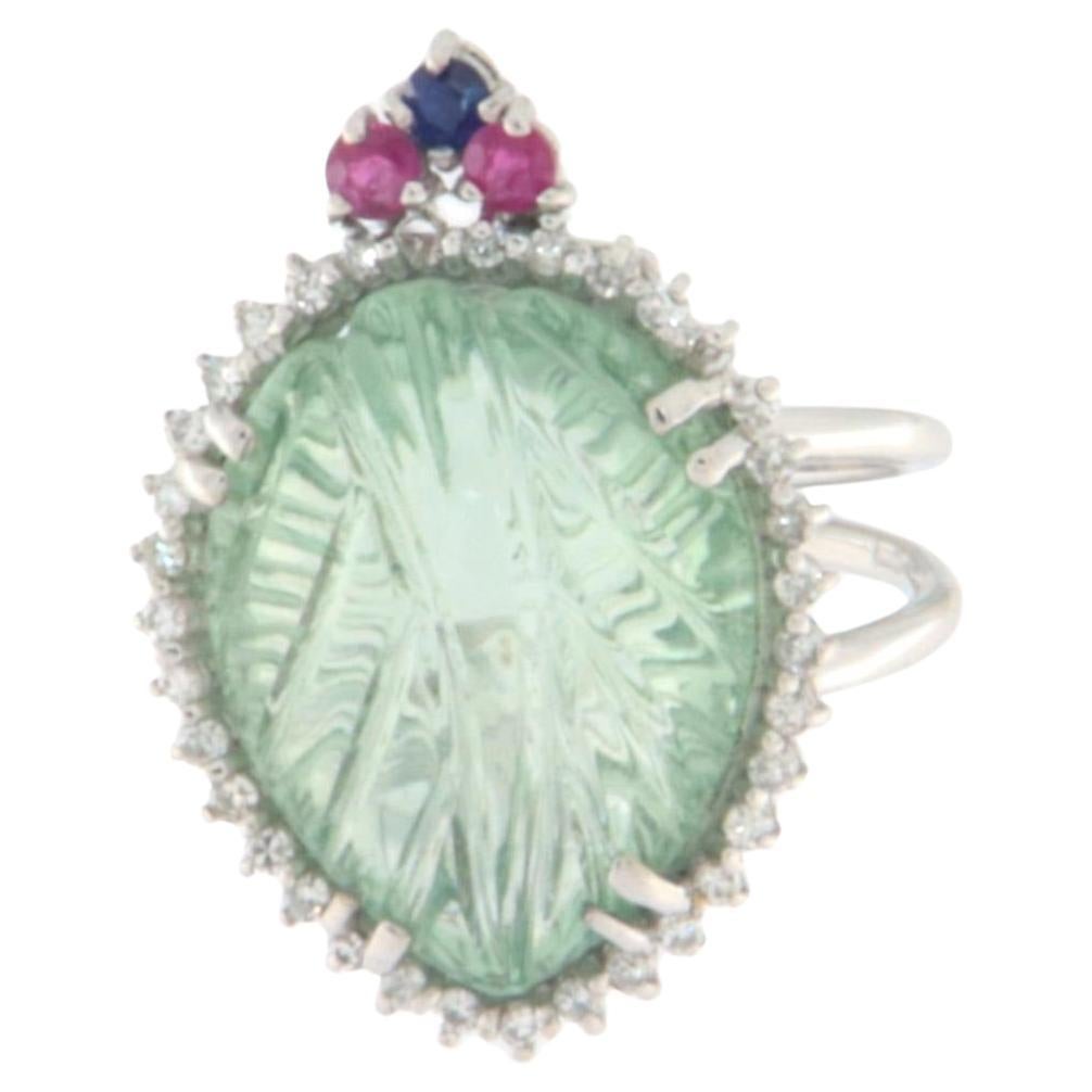 Prasiolite Diamonds Ruby Sapphires 18 Karat White Gold Cocktail Ring For Sale